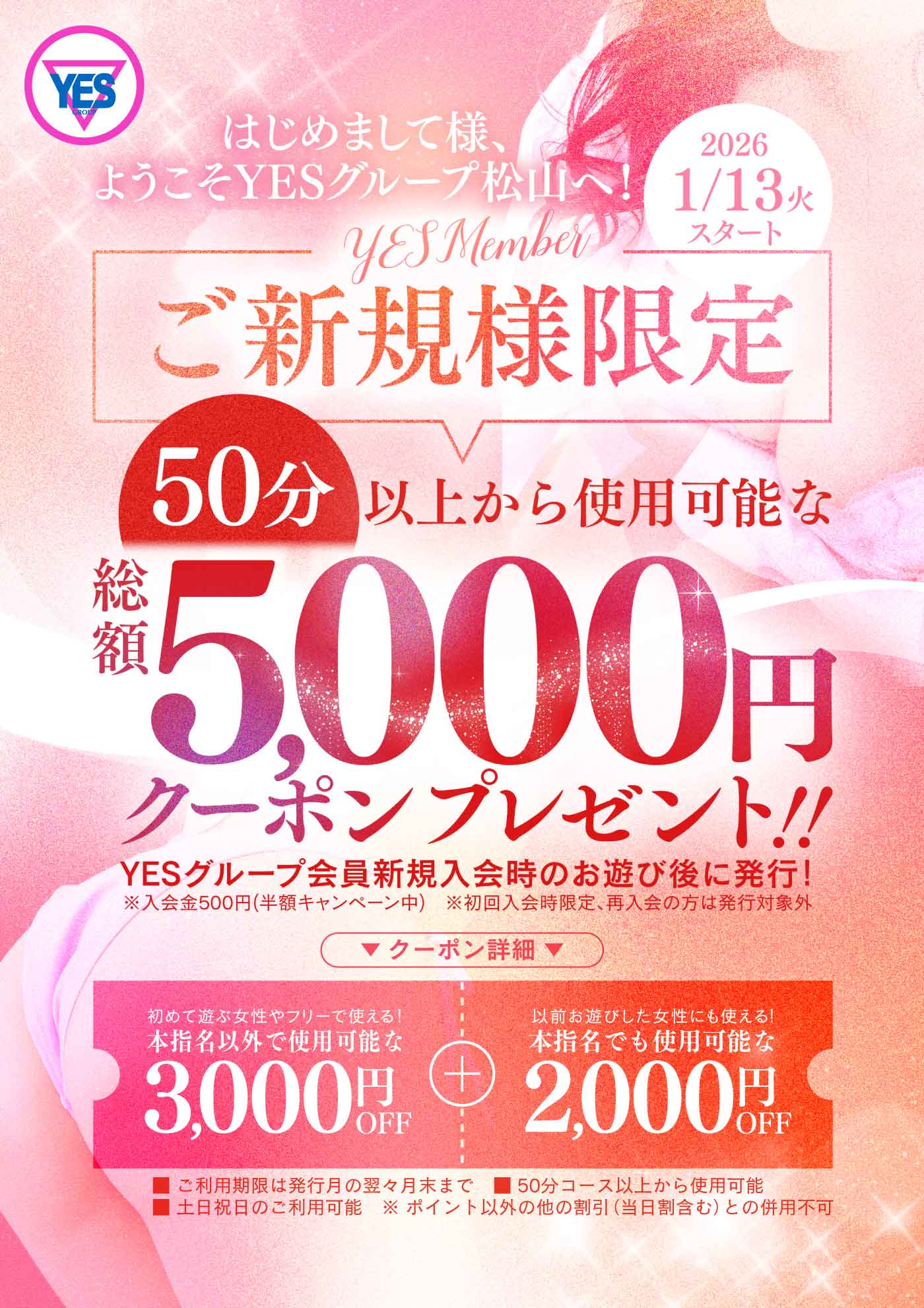 1月13日スタート!!新規入会で5,000円クーポンプレゼント!!